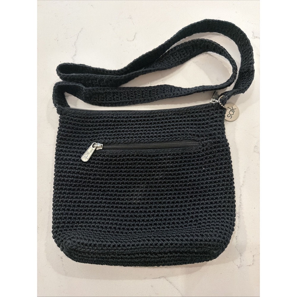 THE SAK Crocheted Shoulder Crossbody Purse Handbag Small Square Bag Boho Black